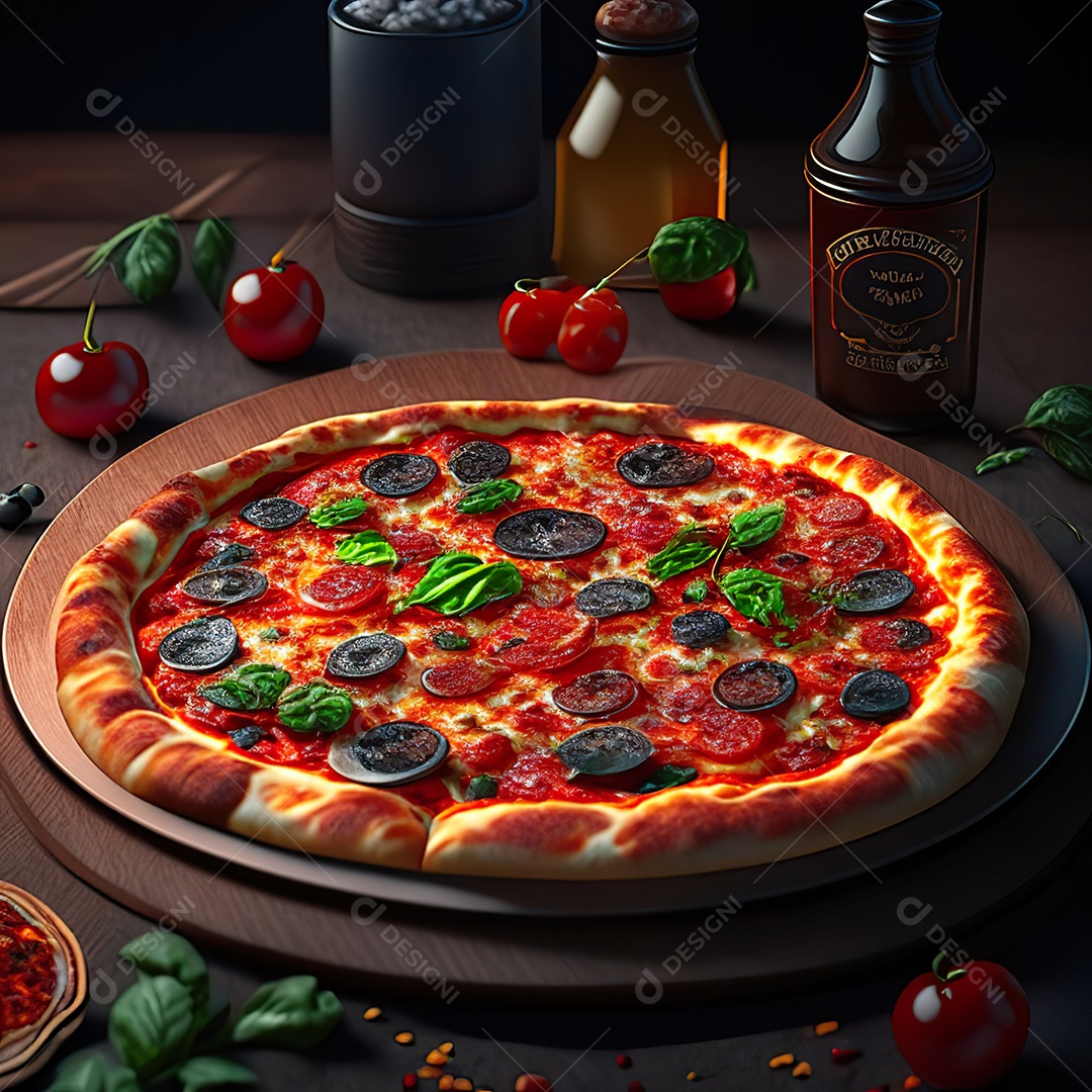 Retrato realista de pizza sobre uma mesa de madeira