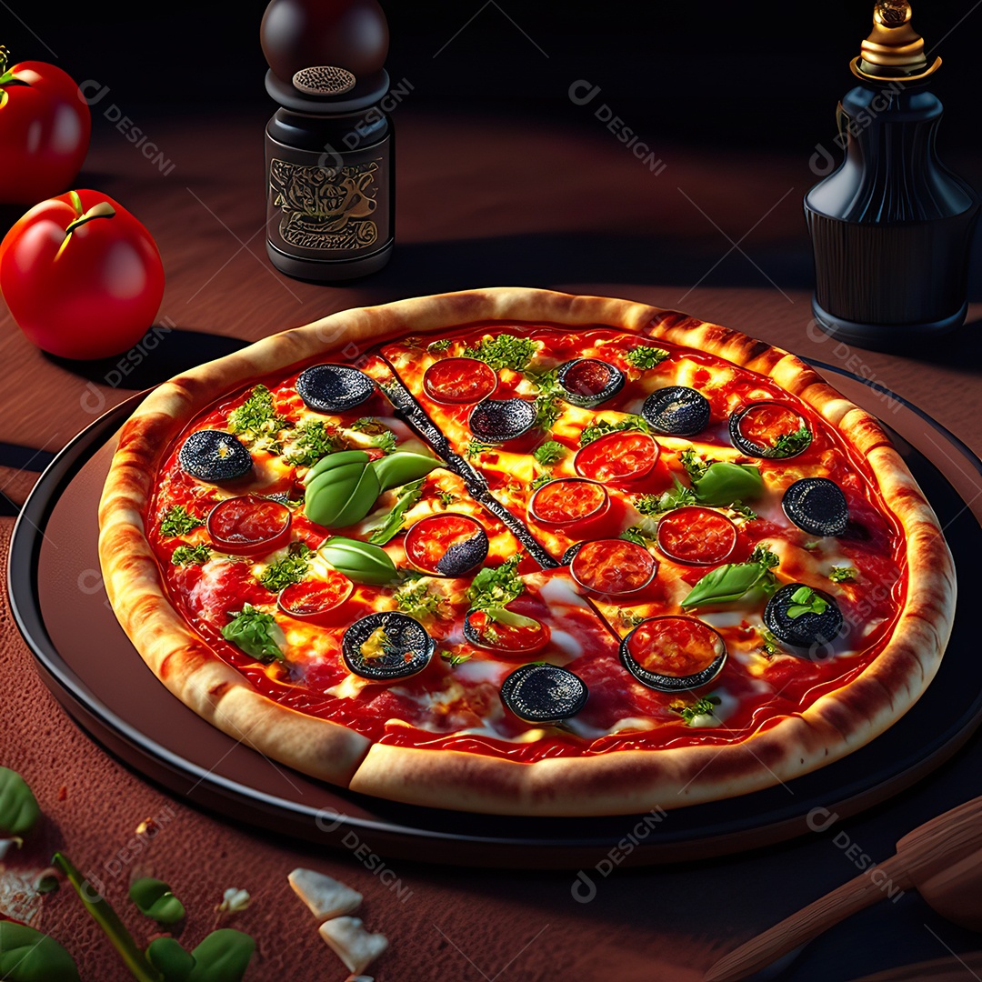 Retrato realista de pizza sobre uma mesa de madeira