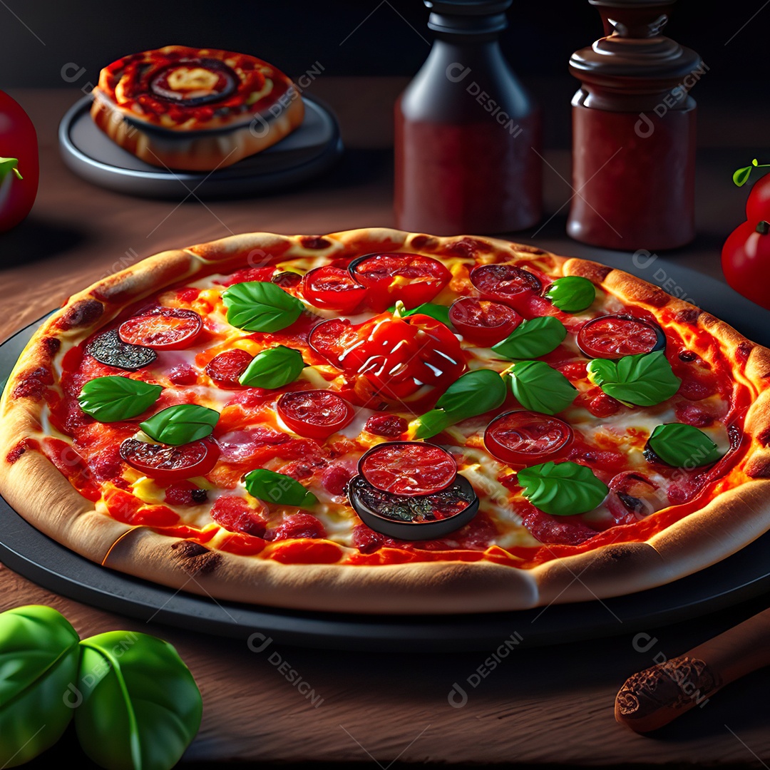 Retrato realista de pizza sobre uma mesa de madeira