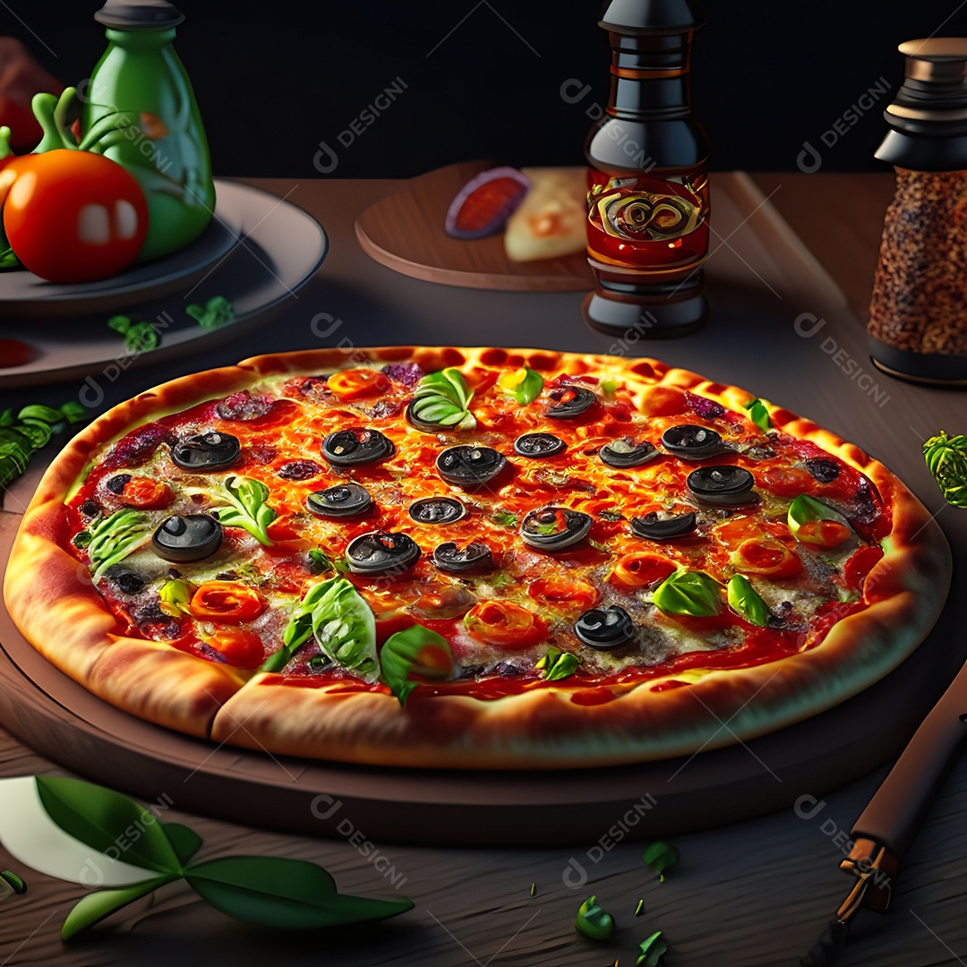 Retrato realista de pizza sobre uma mesa de madeira