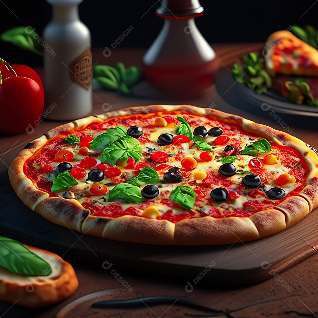 Retrato realista de pizza sobre uma mesa de madeira