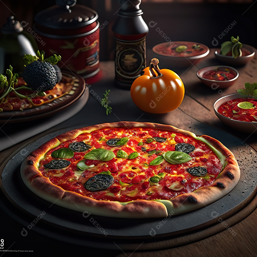 Retrato realista de pizza sobre uma mesa de madeira