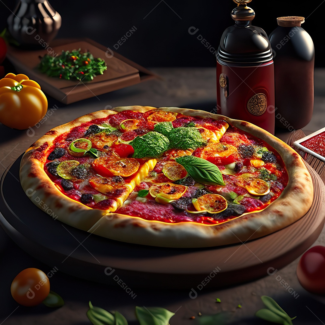 Retrato realista de pizza sobre uma mesa de madeira