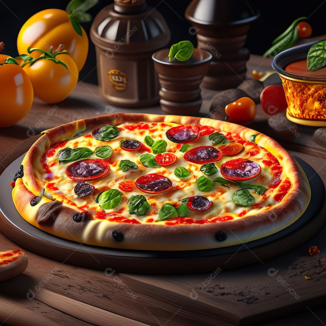 Retrato realista de pizza sobre uma mesa de madeira