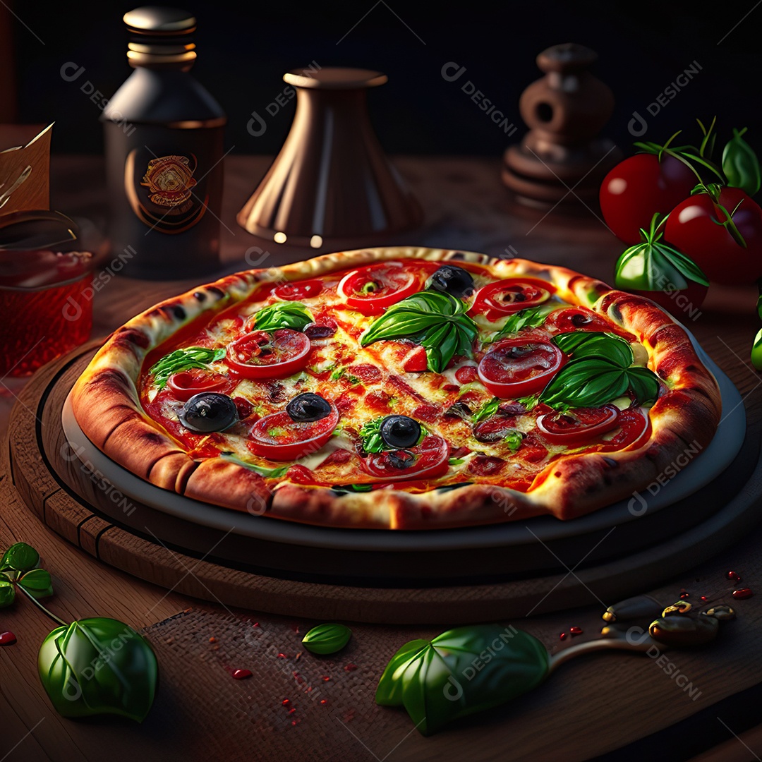 Retrato realista de pizza sobre uma mesa de madeira