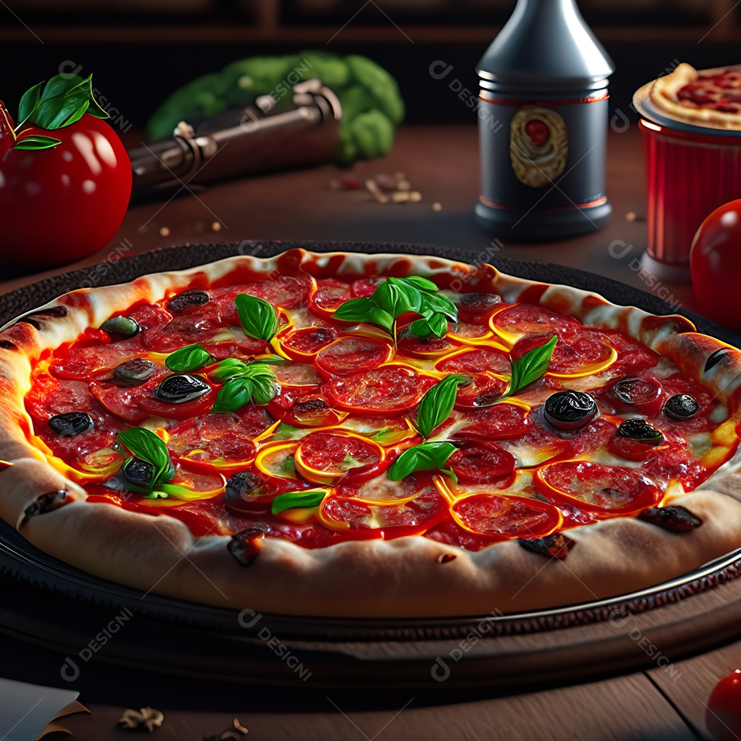 Retrato realista de pizza sobre uma mesa de madeira