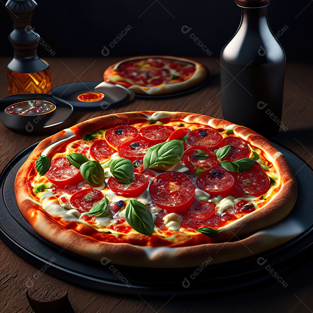 Retrato realista de pizza sobre uma mesa de madeira