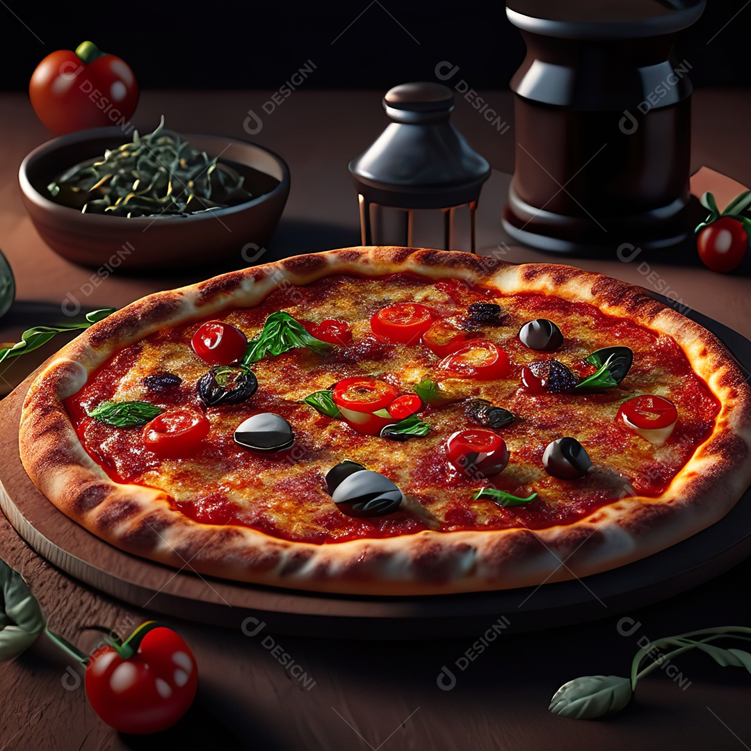 Retrato realista de pizza sobre uma mesa de madeira