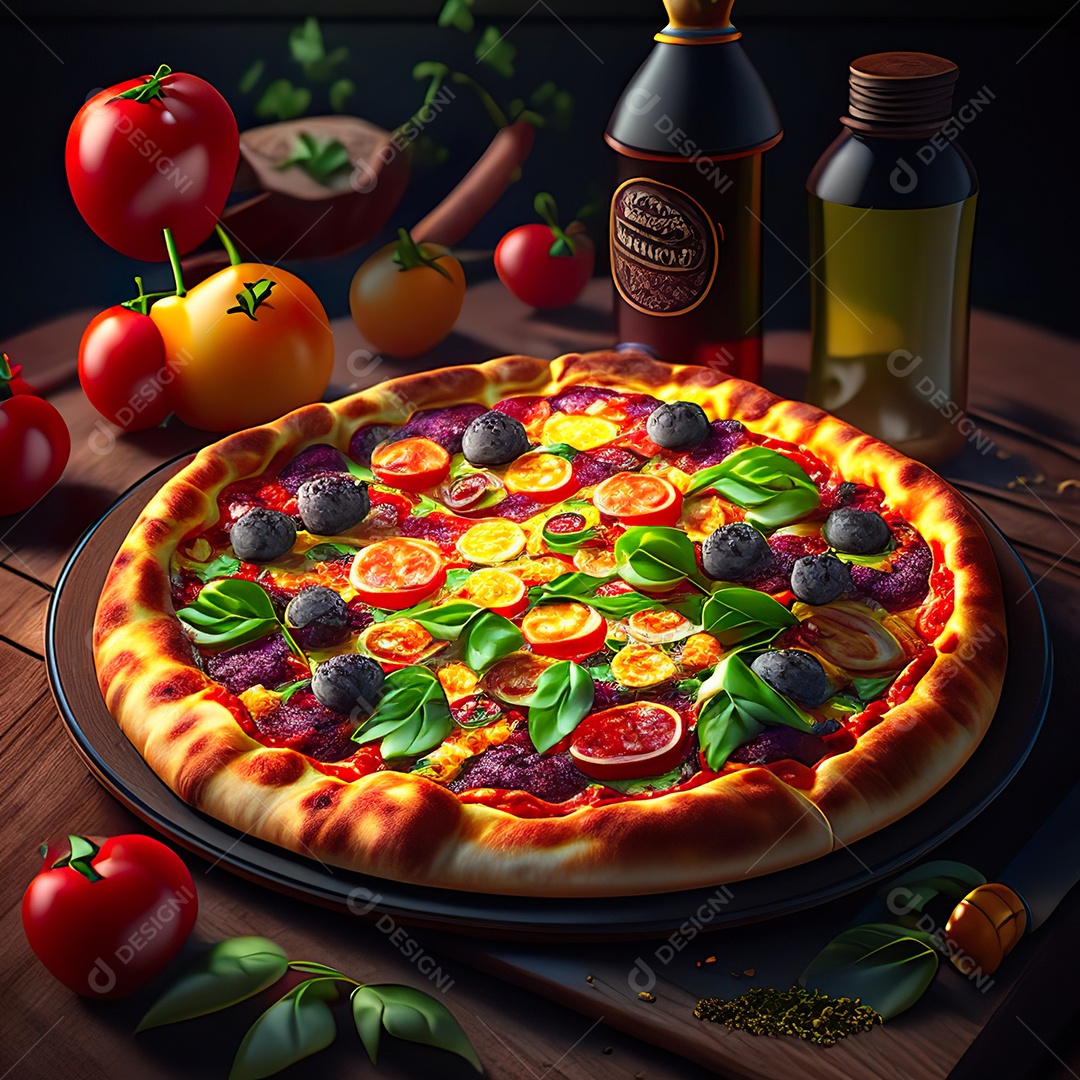 Retrato realista de pizza sobre uma mesa de madeira