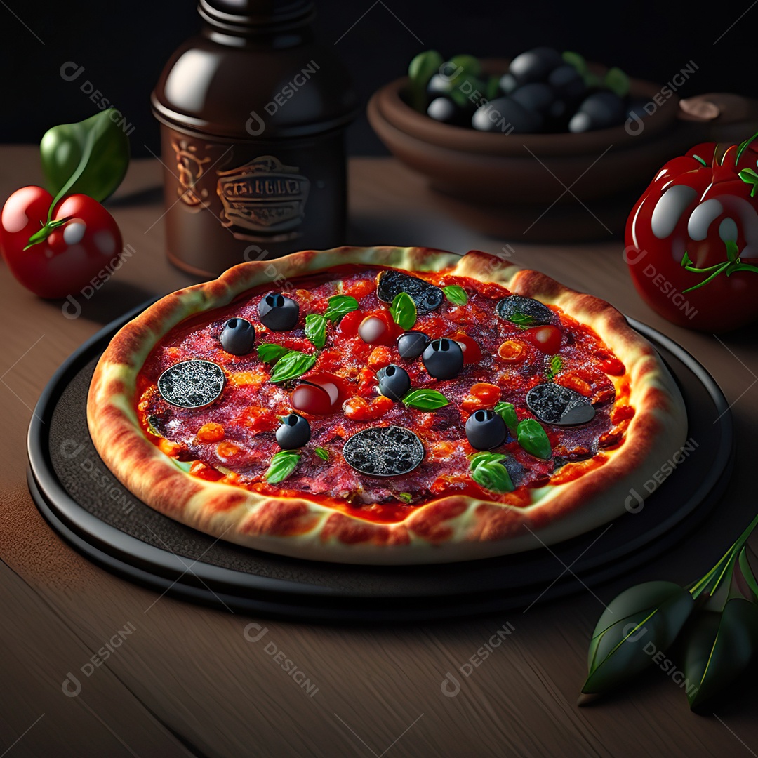 Retrato realista de pizza sobre uma mesa de madeira