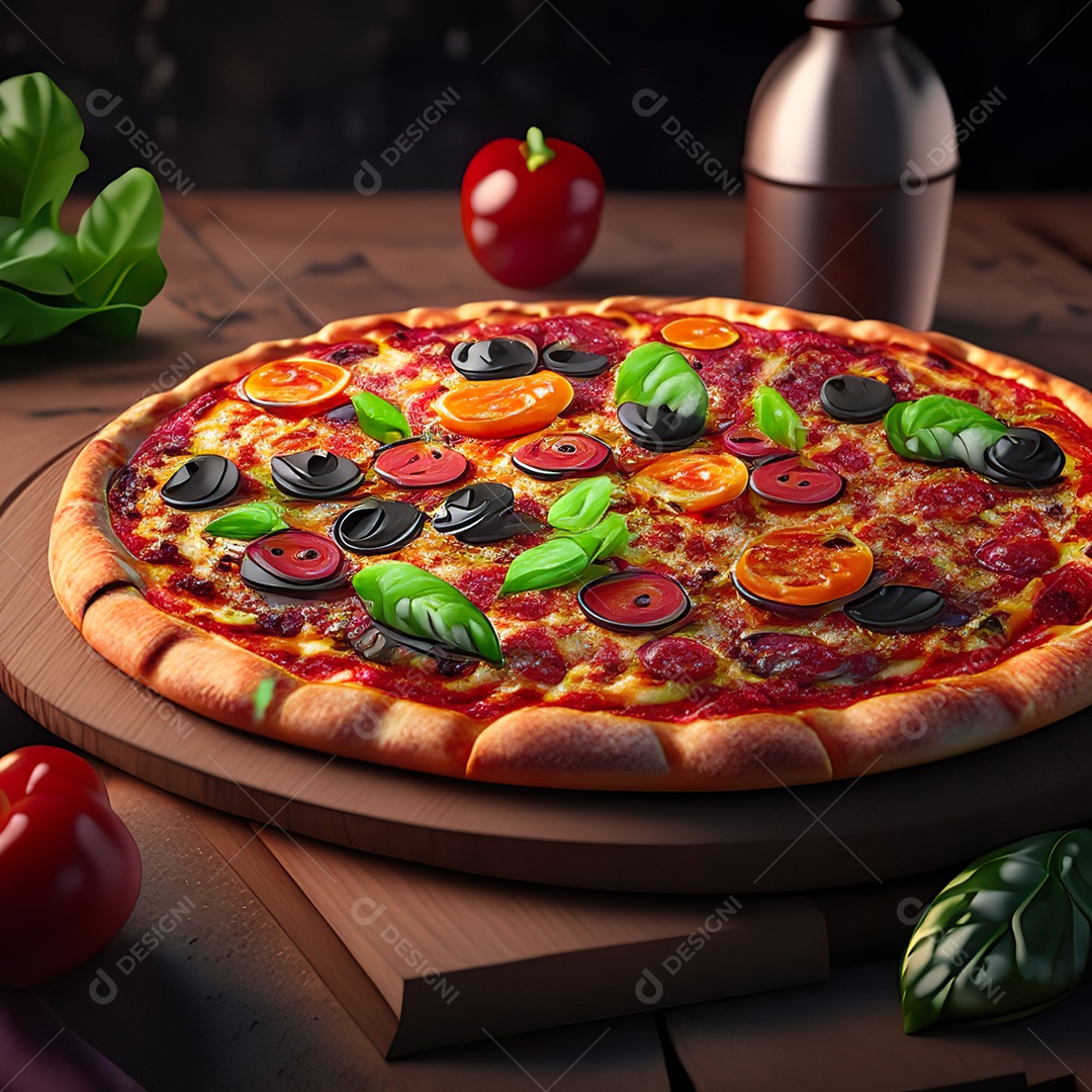 Retrato realista de pizza sobre uma mesa de madeira