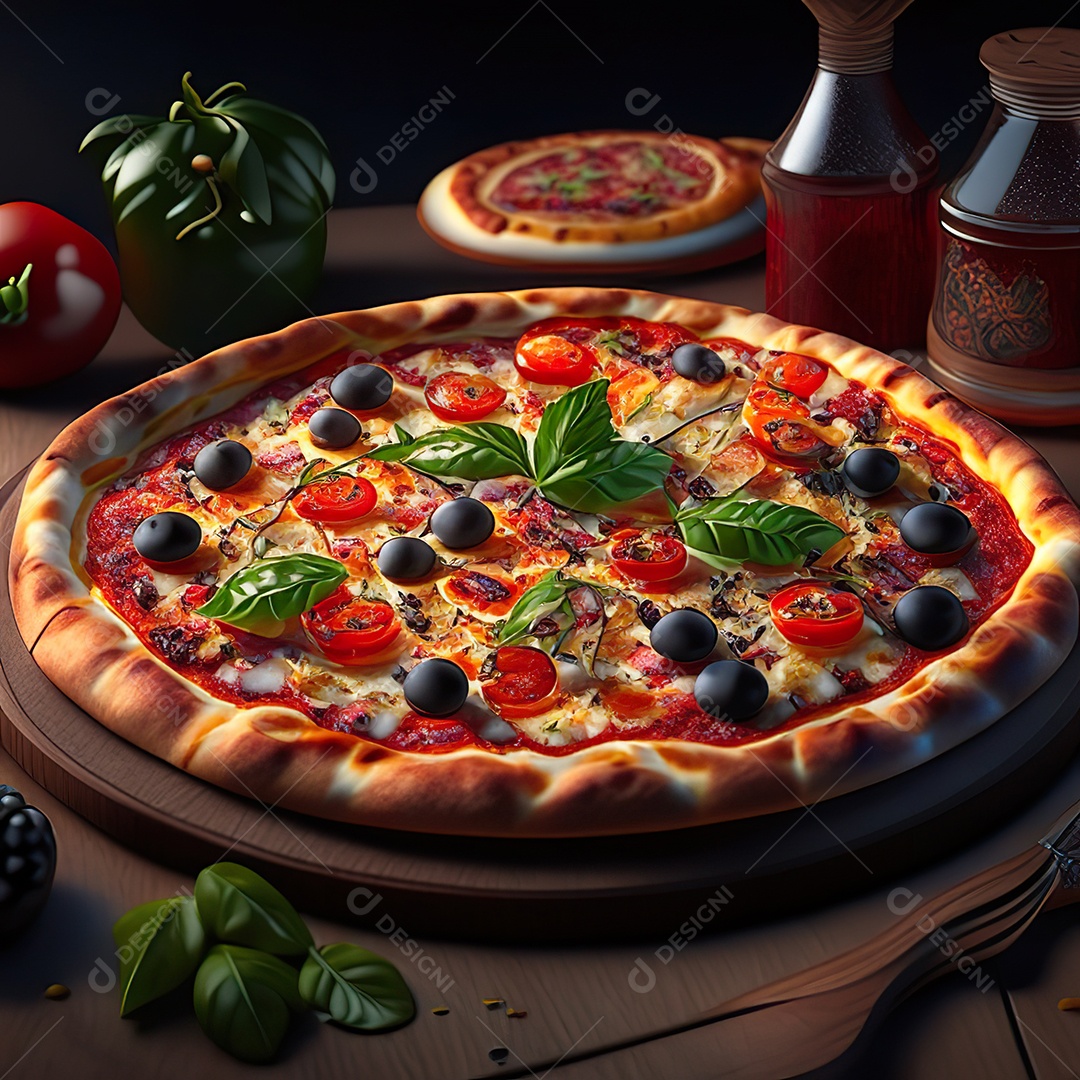 Retrato realista de pizza sobre uma mesa de madeira