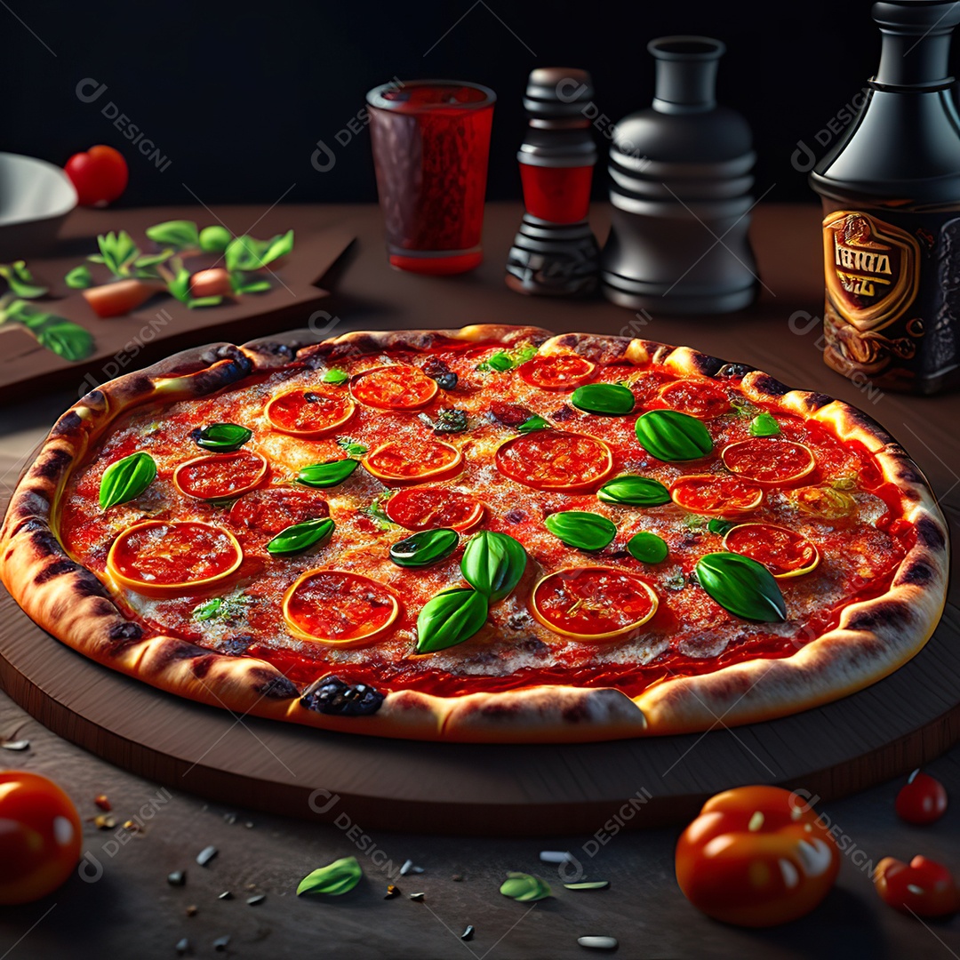 Retrato realista de pizza sobre uma mesa de madeira