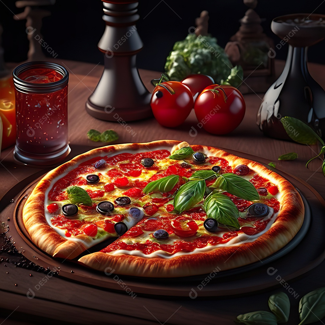 Retrato realista de pizza sobre uma mesa de madeira