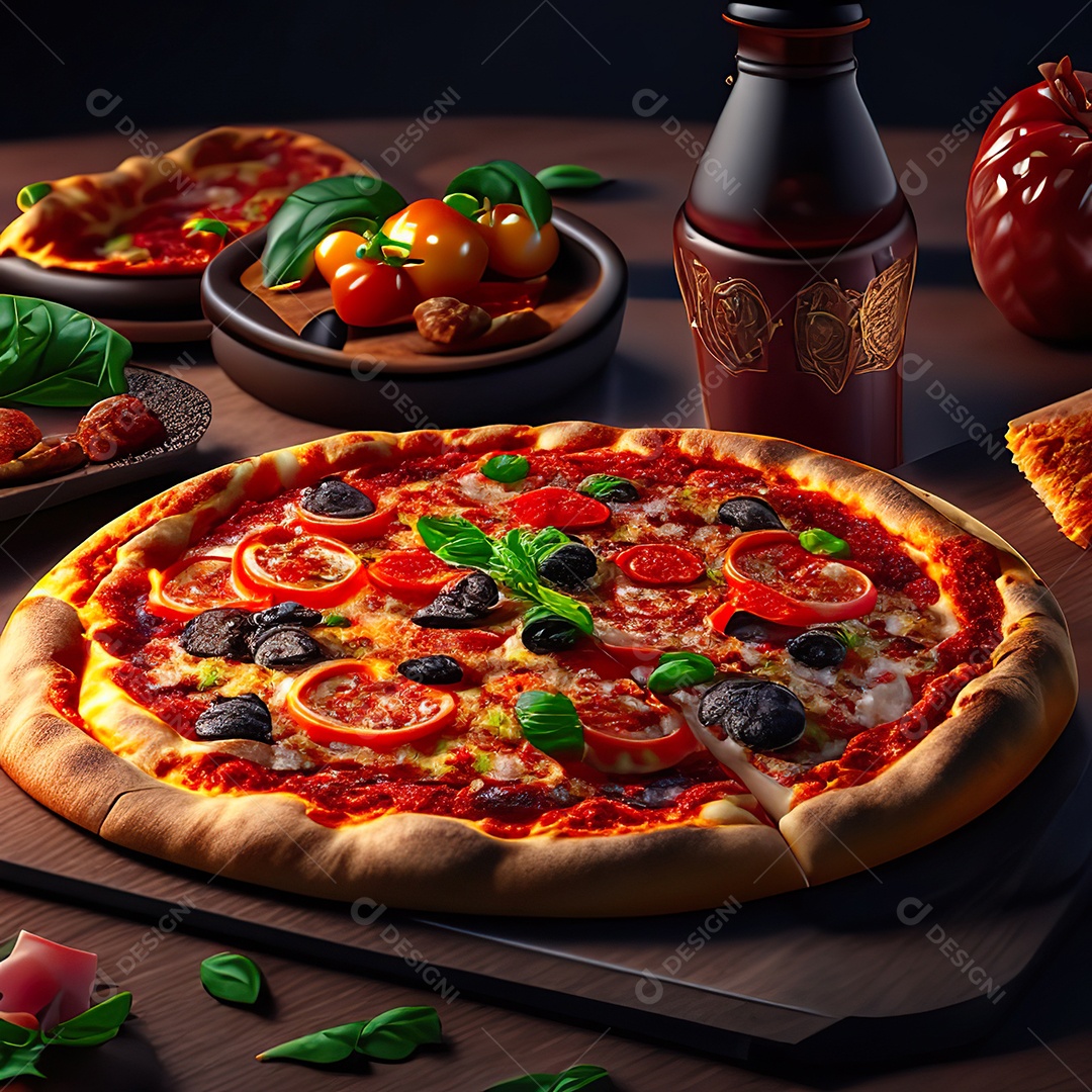 Retrato realista de pizza sobre uma mesa de madeira