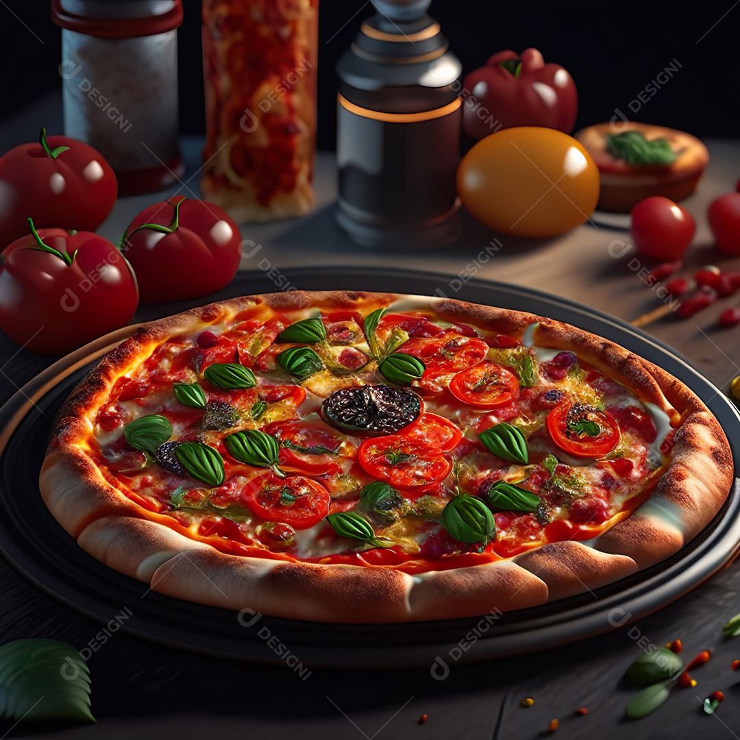 Retrato realista de pizza sobre uma mesa de madeira