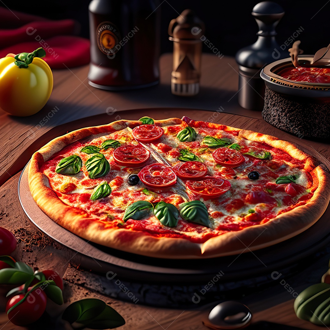 Retrato realista de pizza sobre uma mesa de madeira