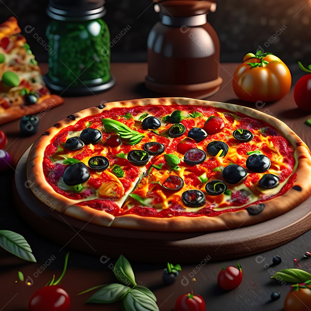 Retrato realista de pizza sobre uma mesa de madeira