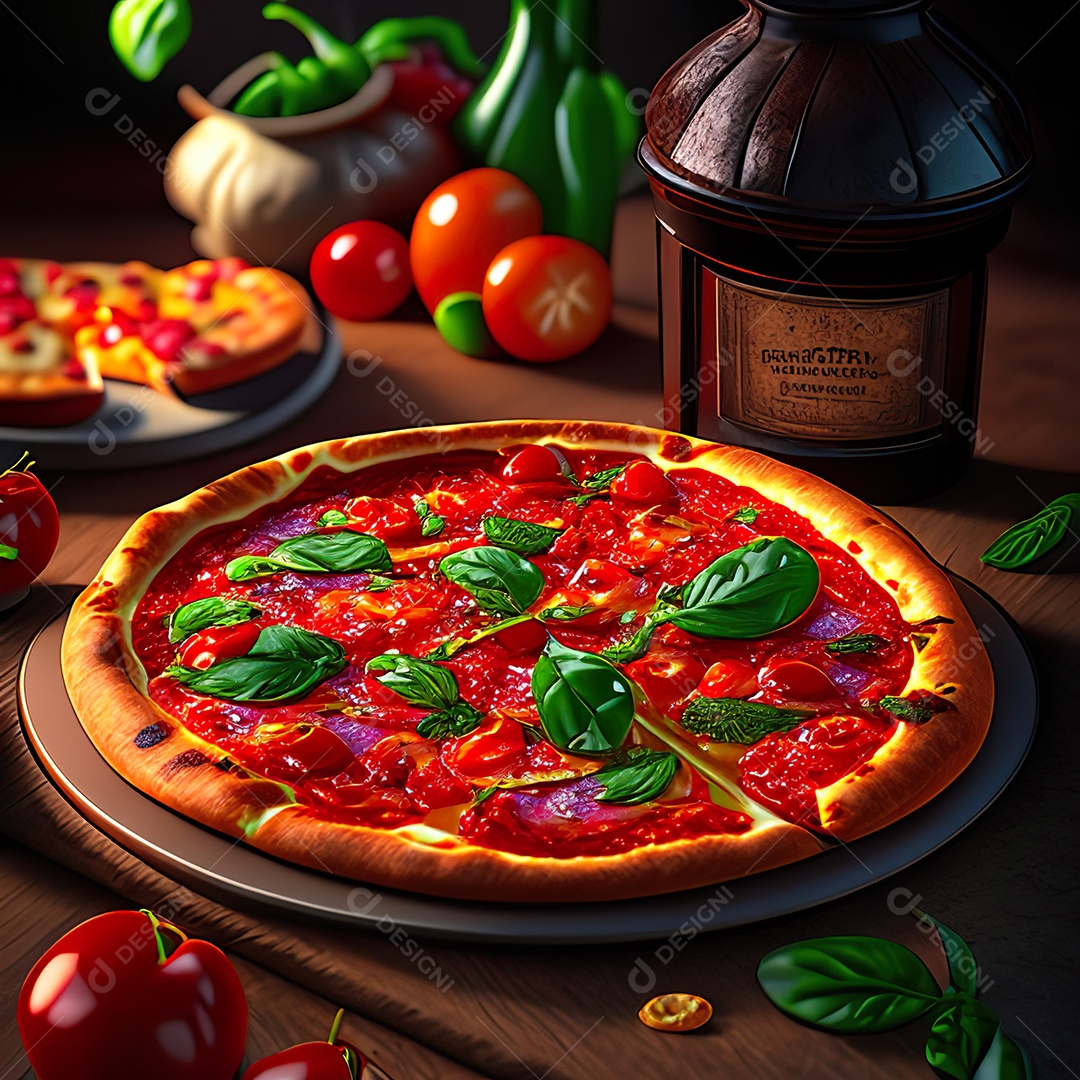 Retrato realista de pizza sobre uma mesa de madeira