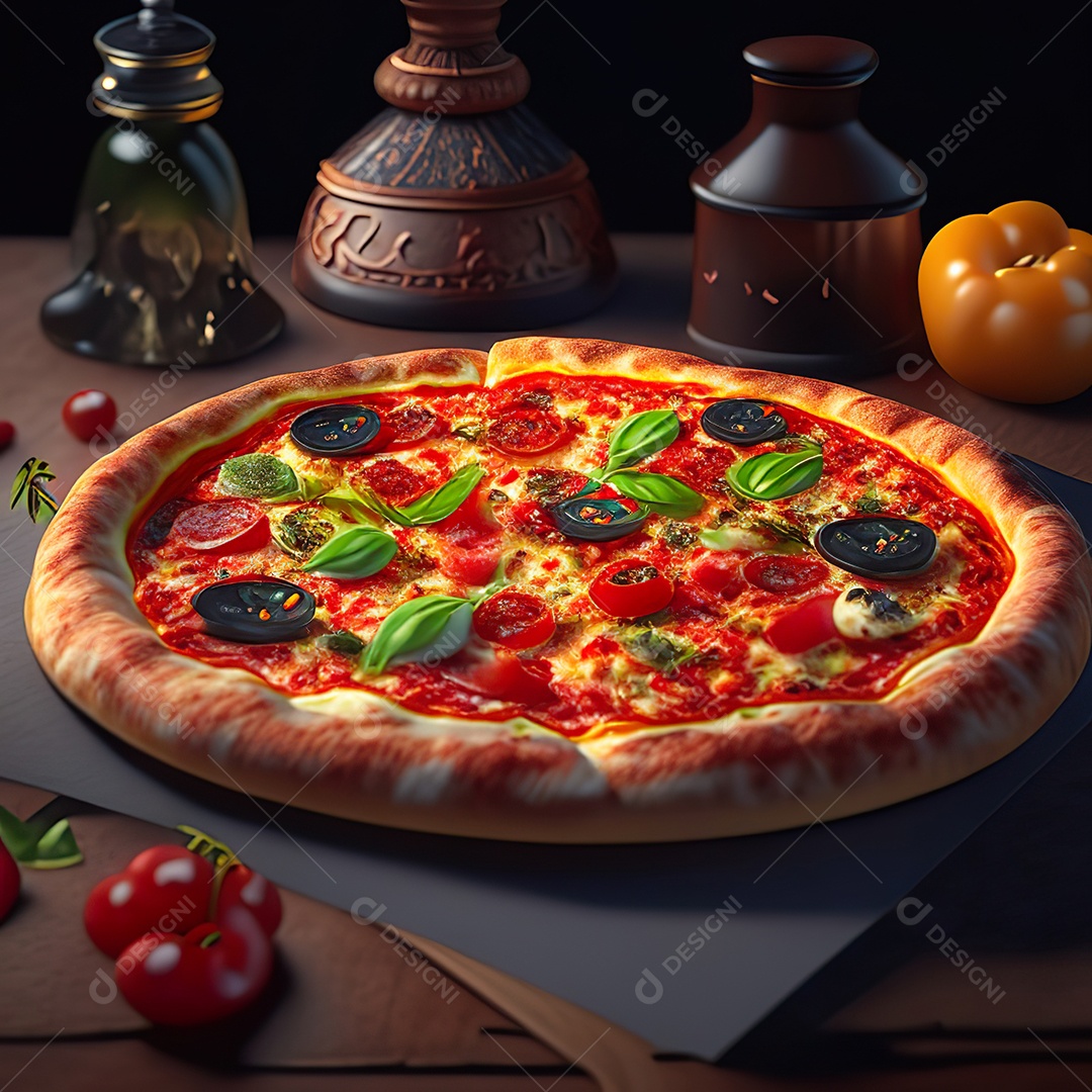 Retrato realista de pizza sobre uma mesa de madeira