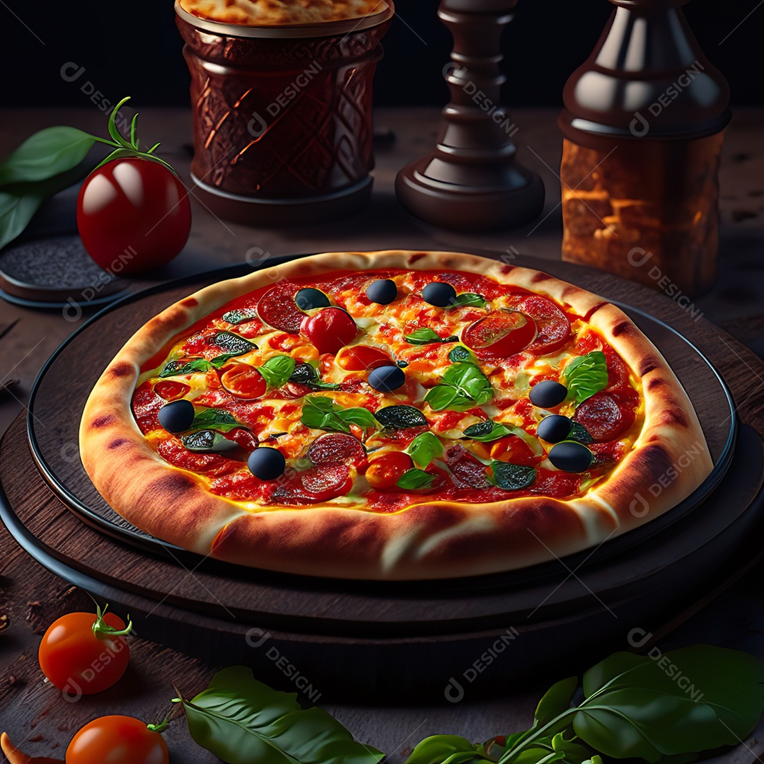 Retrato realista de pizza sobre uma mesa de madeira