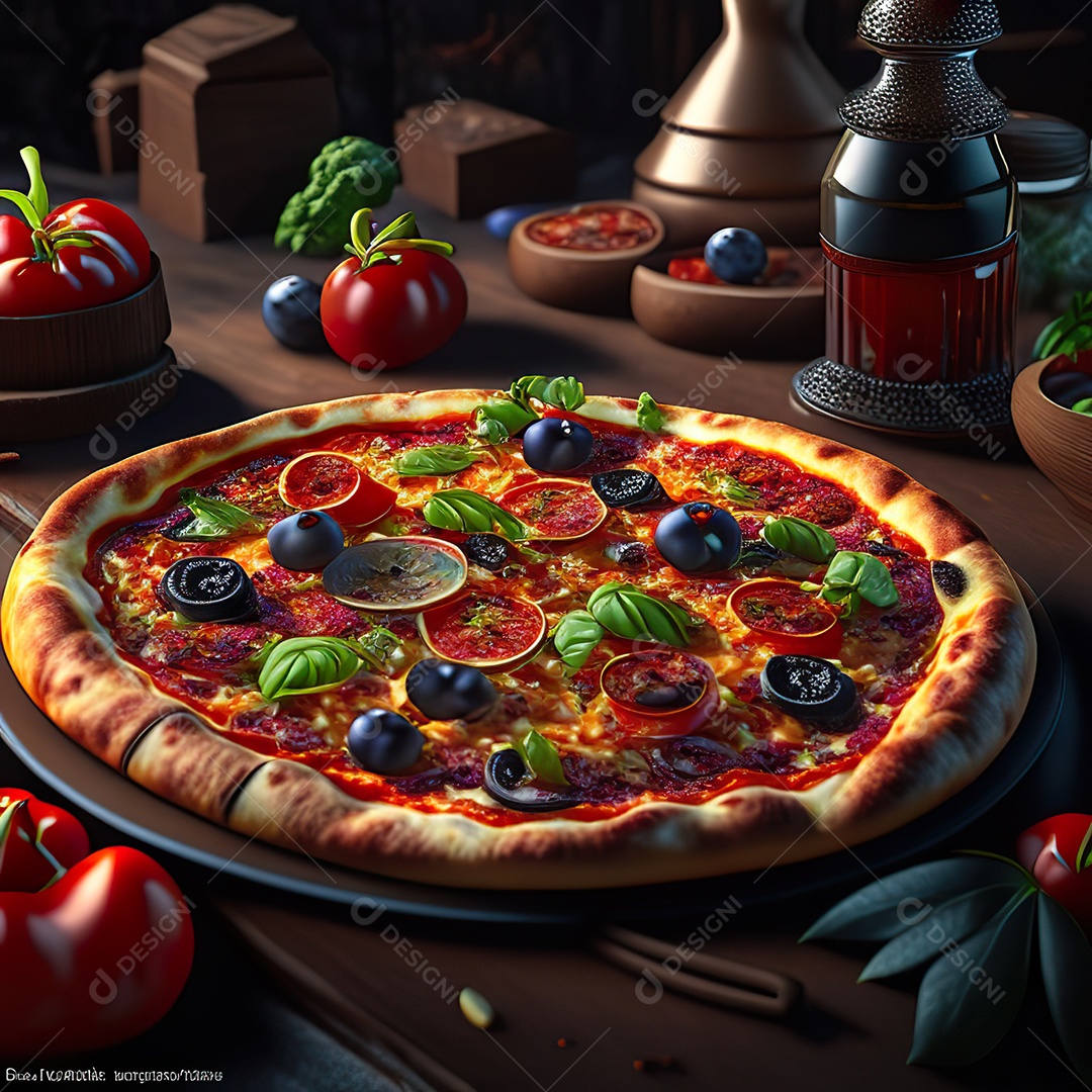 Retrato realista de pizza sobre uma mesa de madeira