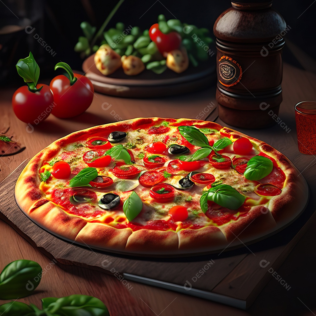 Retrato realista de pizza sobre uma mesa de madeira