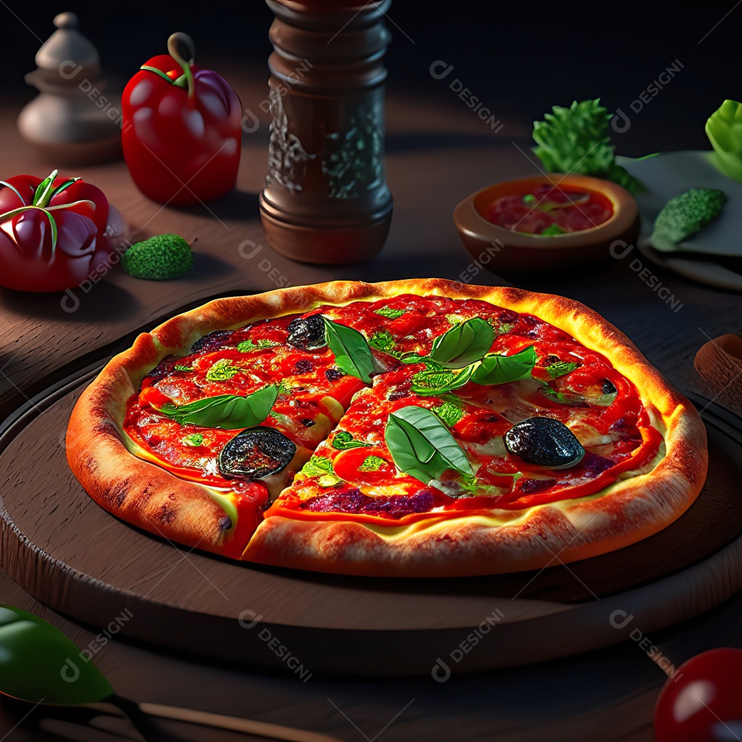 Retrato realista de pizza sobre uma mesa de madeira