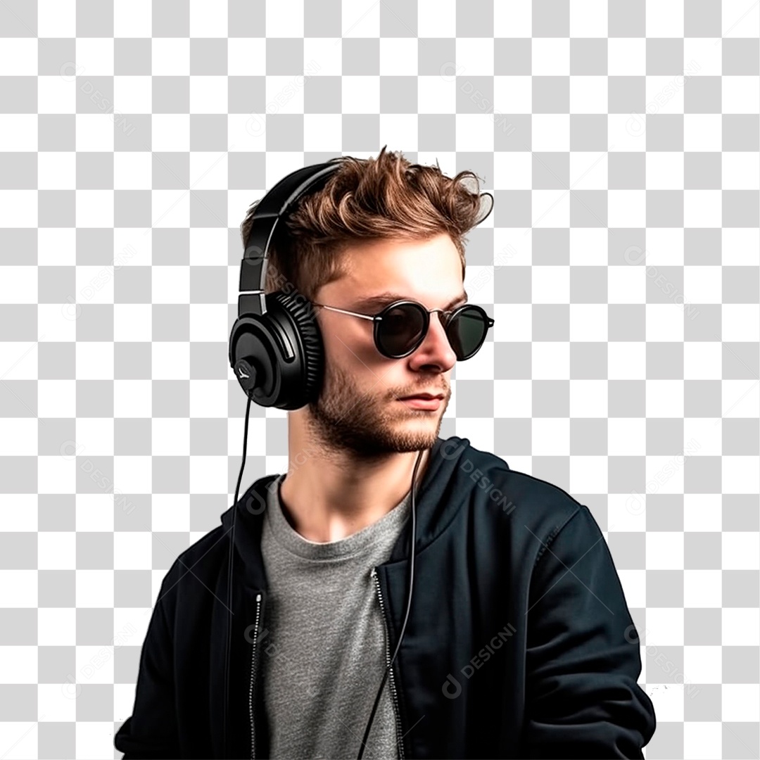 DJ jovem Estiloso com Headphone Preto e Óculos Escuro PNG Transparente