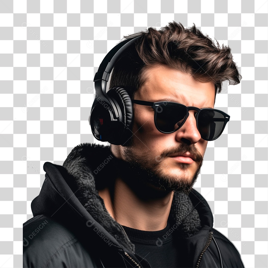 Jovem Estiloso DJ com Óculos Escuros e Headphone PNG Transparente