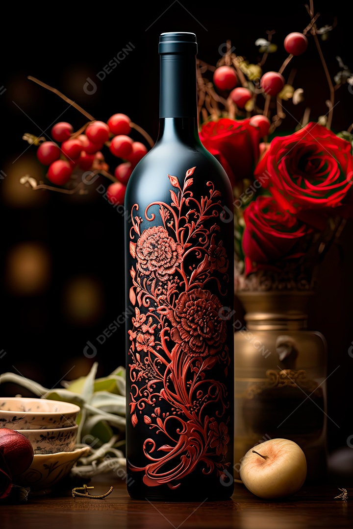 Garrafa de vinho tinto personalizada adornada com arte de rótulo intrincada
