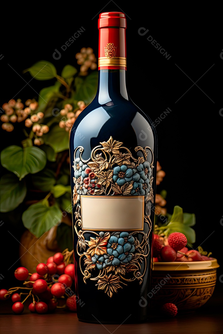 Garrafa de vinho tinto personalizada adornada com arte de rótulo intrincada
