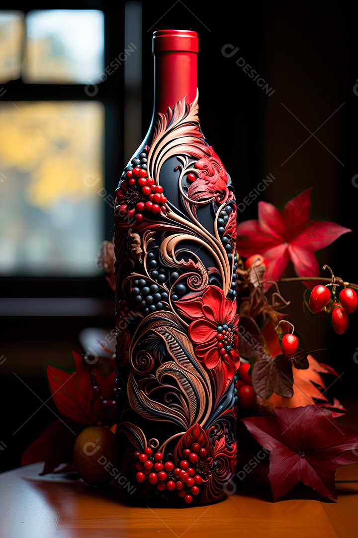 Garrafa de vinho tinto personalizada adornada com arte de rótulo intrincada