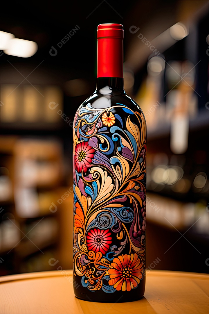 Garrafa de vinho tinto personalizada adornada com arte de rótulo intrincada