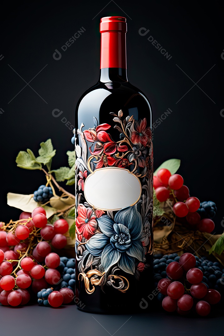 Garrafa de vinho tinto personalizada adornada com arte de rótulo intrincada