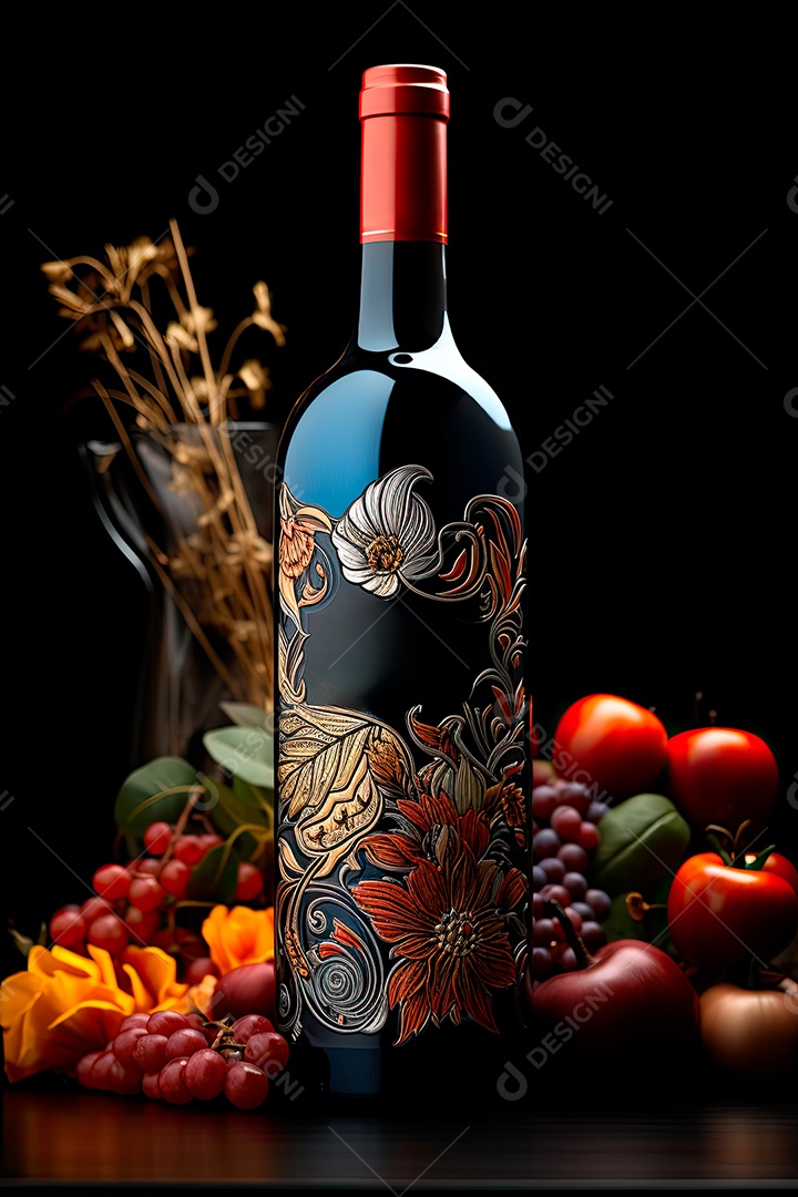 Garrafa de vinho tinto personalizada adornada com arte de rótulo intrincada