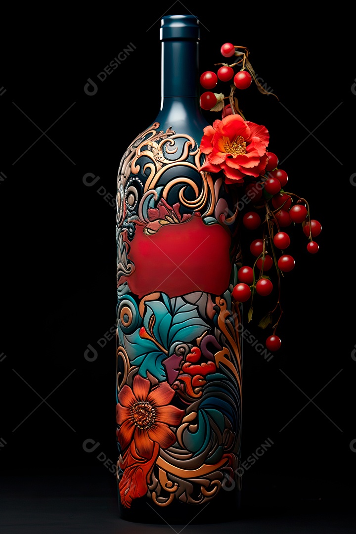 Garrafa de vinho tinto personalizada adornada com arte de rótulo intrincada
