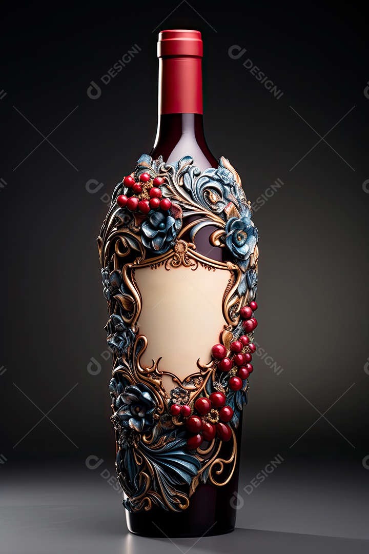 Garrafa de vinho tinto personalizada adornada com arte de rótulo intrincada