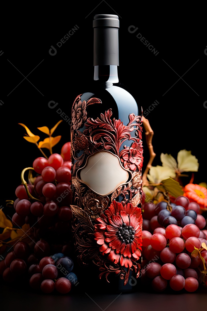 Garrafa de vinho tinto personalizada adornada com arte de rótulo intrincada