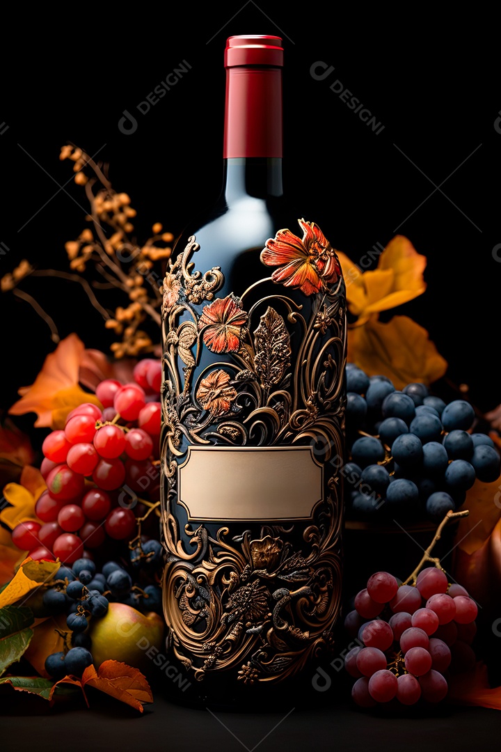 Foto de uma garrafa de vinho tinto personalizada adornada