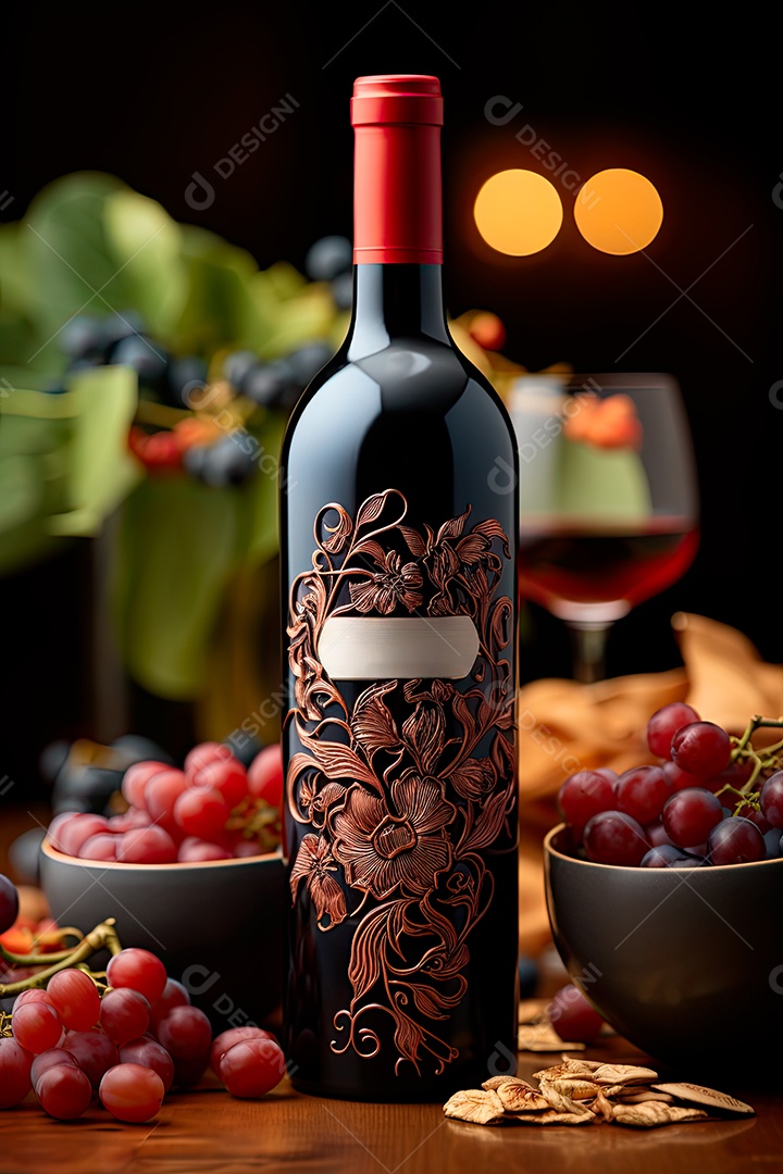 Foto de uma garrafa de vinho tinto personalizada adornada