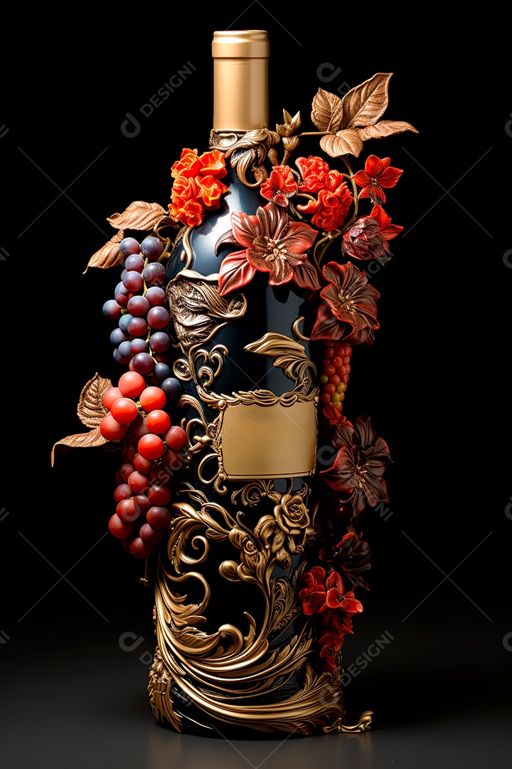 Foto de uma garrafa de vinho tinto personalizada adornada