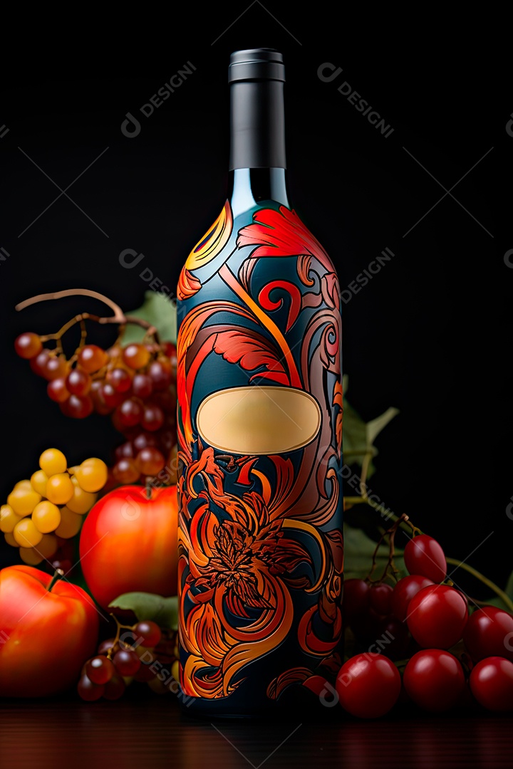 Foto de uma garrafa de vinho tinto personalizada adornada