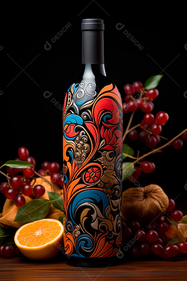 Foto de uma garrafa de vinho tinto personalizada adornada