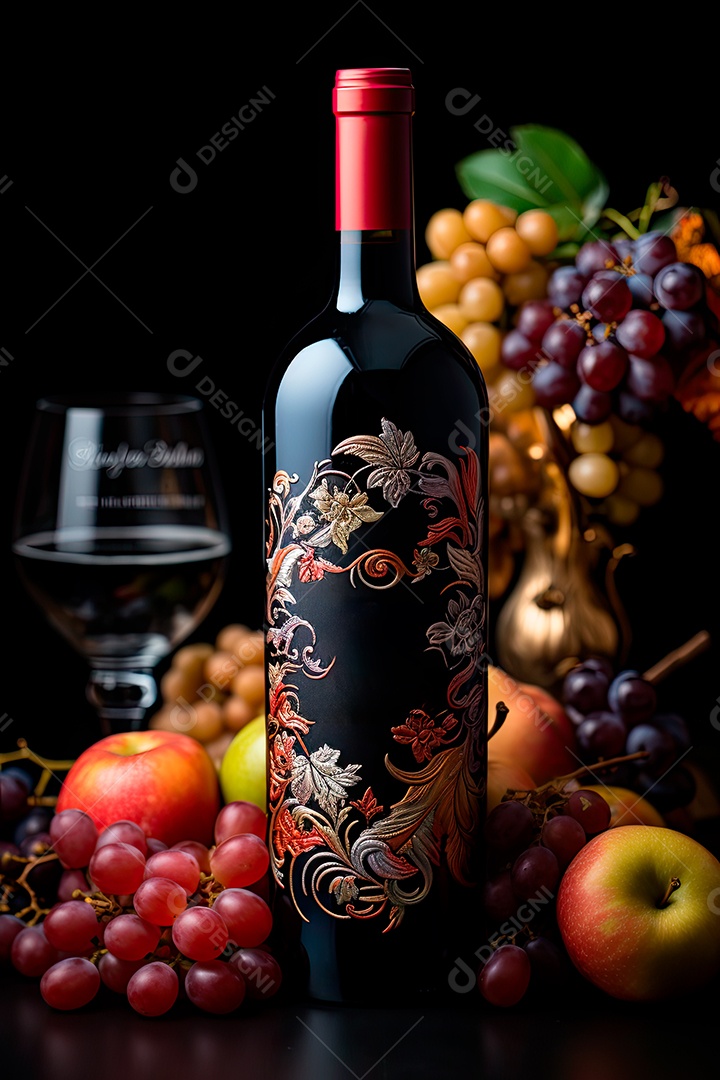 Foto de uma garrafa de vinho tinto personalizada adornada