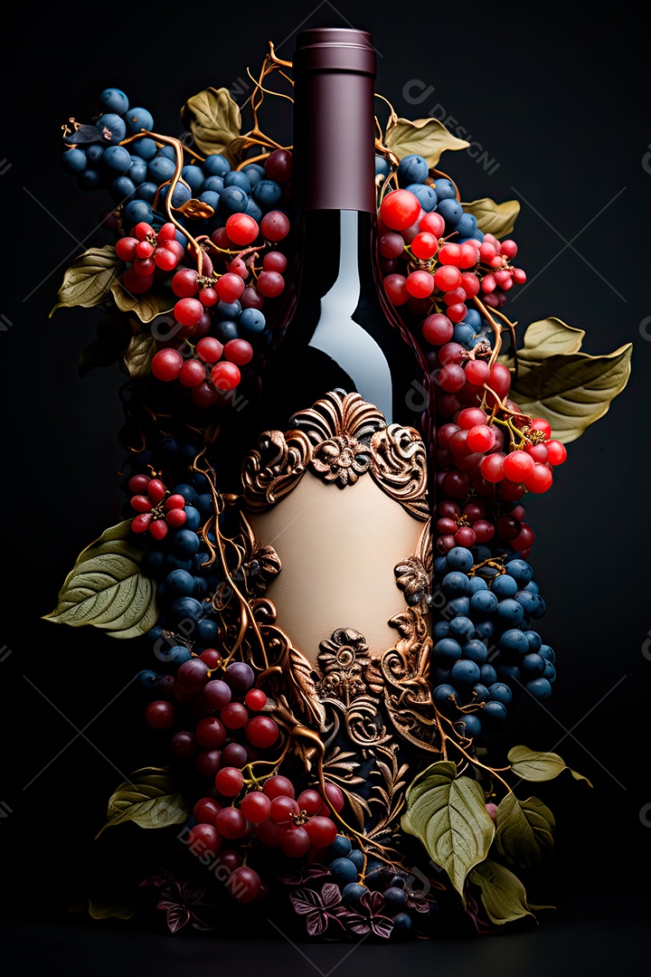 Foto de uma garrafa de vinho tinto personalizada adornada