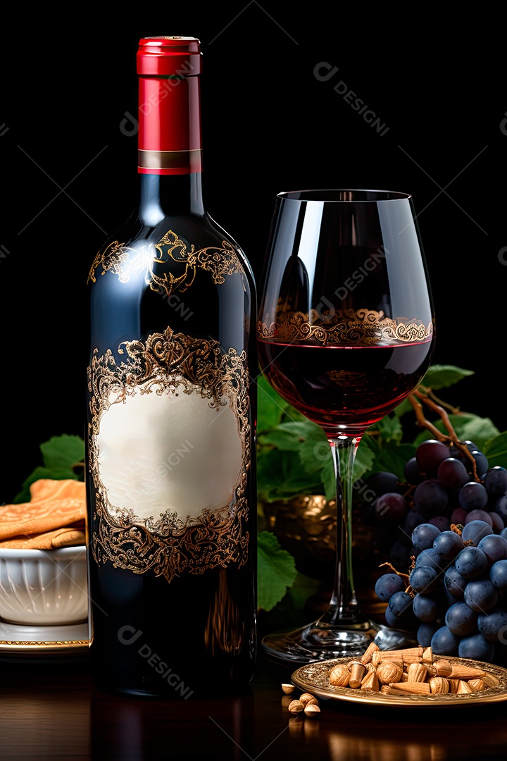 Foto de uma garrafa de vinho tinto personalizada adornada