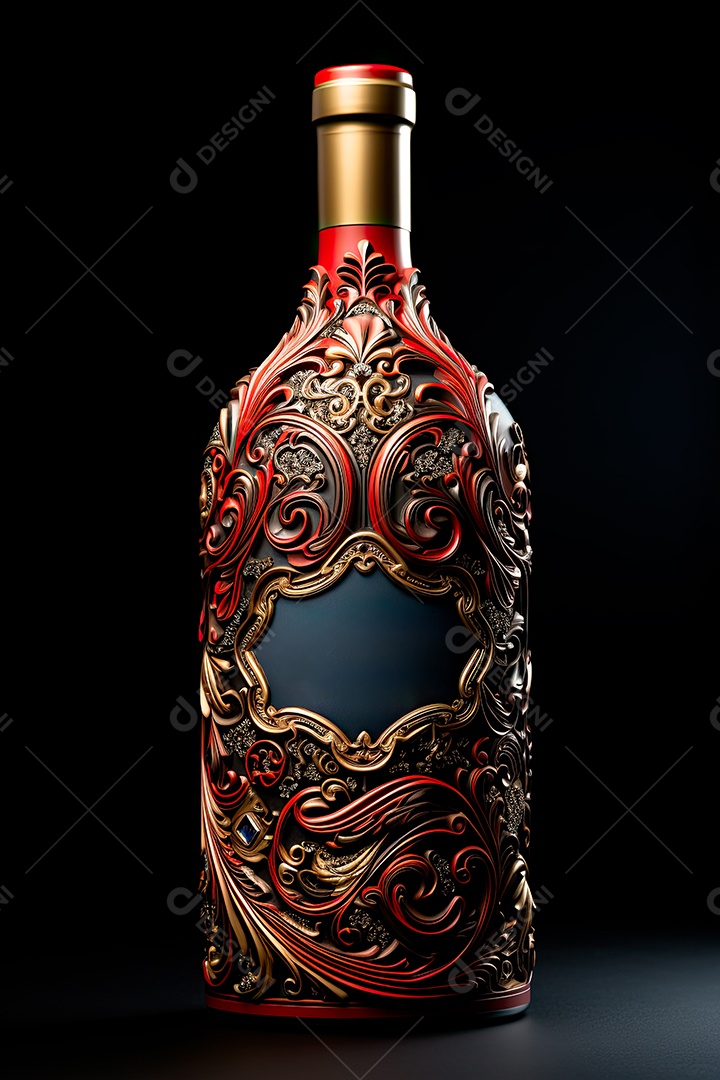 Foto de uma garrafa de vinho tinto personalizada adornada