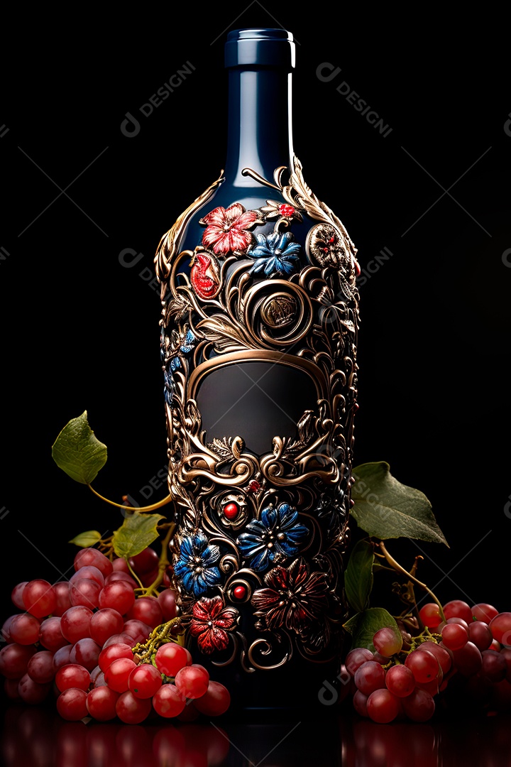 Foto de uma garrafa de vinho tinto personalizada adornada