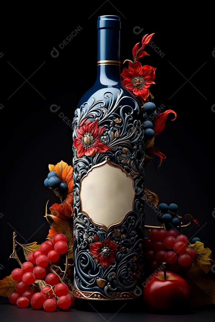 Foto de uma garrafa de vinho tinto personalizada adornada